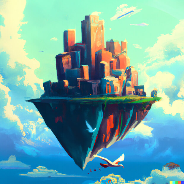 a city on an island floating in the sky with clouds in the background, digital art - version 3